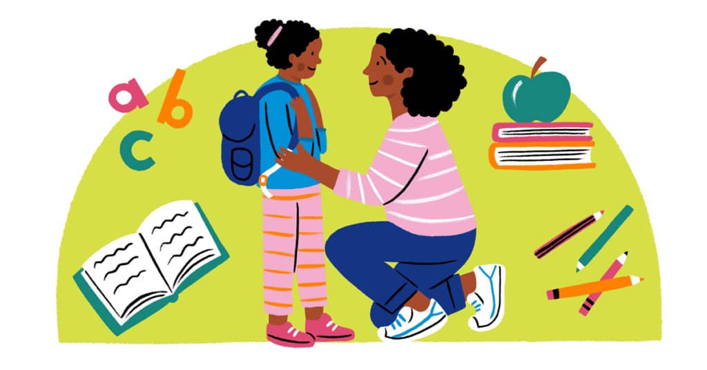 Mom getting young girl ready for school