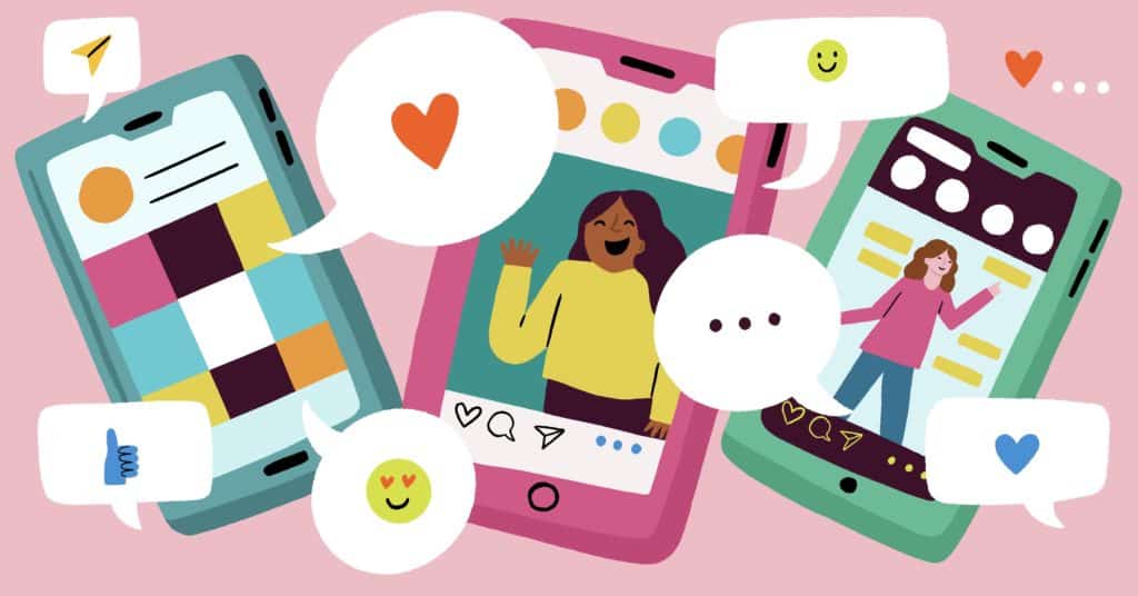 Illustrations of phones and social inlfuencers