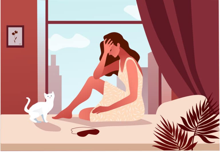 Woman in her bedroom waking up with fatigue.