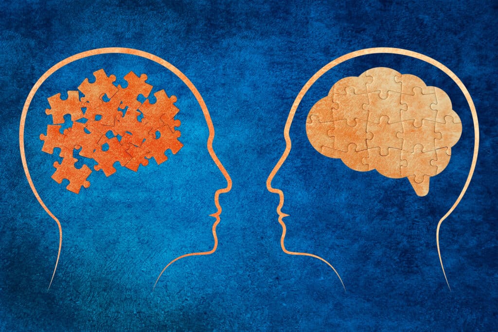 Different thinking, rational and irrational thinking concept. Mental health.