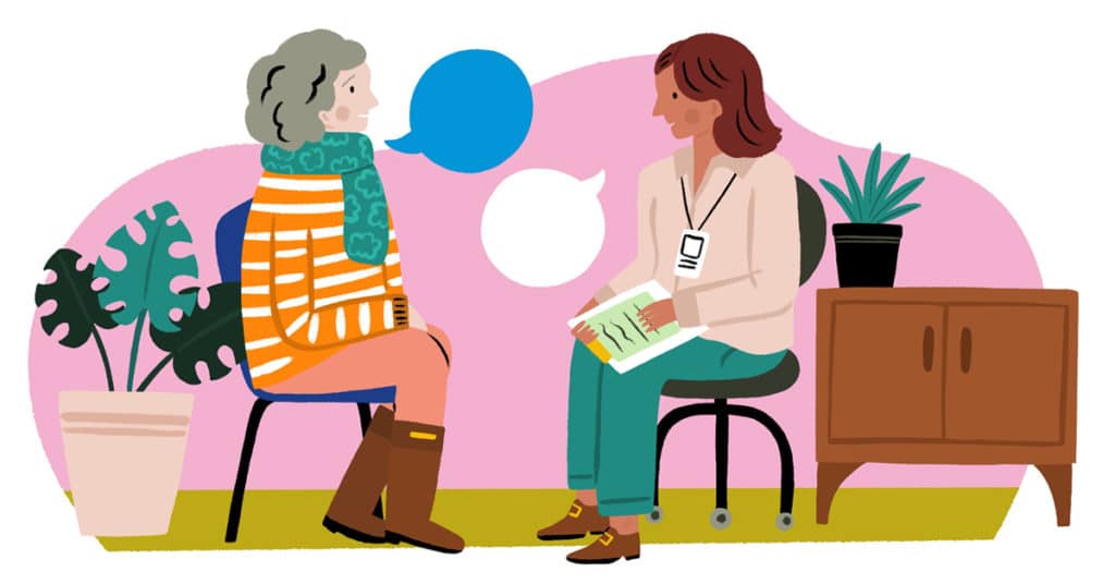 Mature adult with her doctor