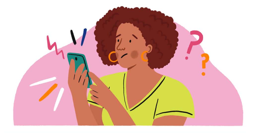 Young woman looking at her phone with questions about an ADHD Diagnosis