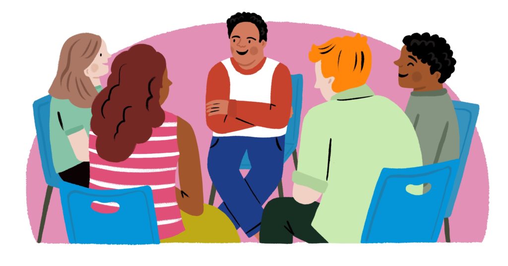Illustration of adults in a round gathering